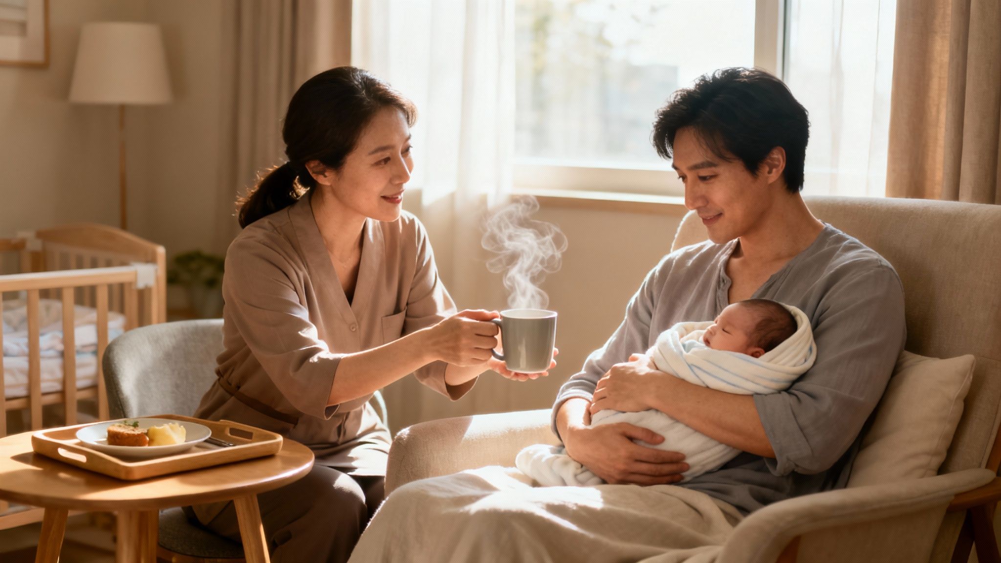 A loving mother offers steaming coffee to her husband, who gently cradles their newborn baby.