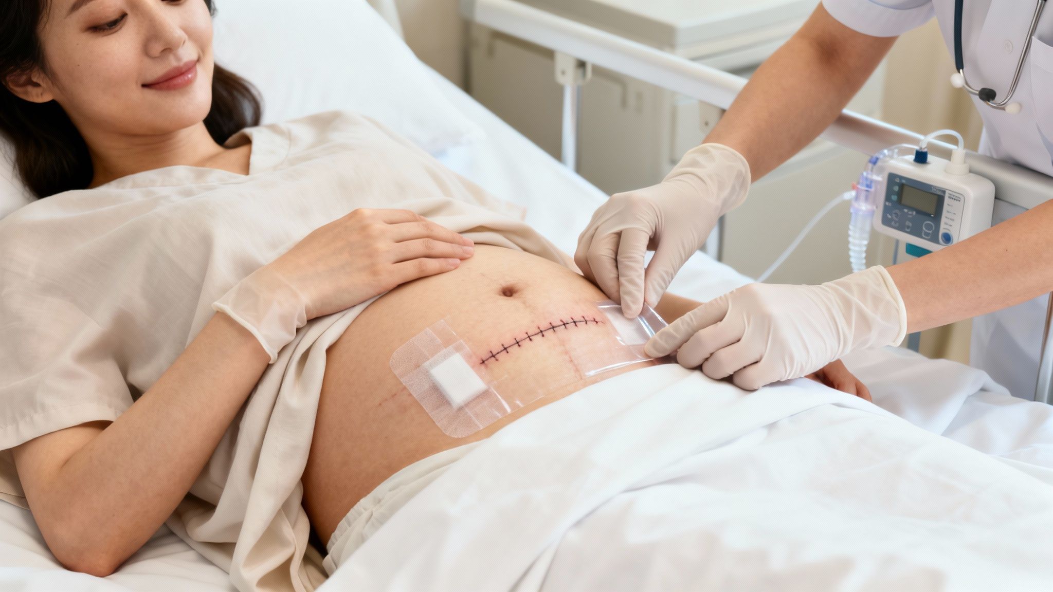 A healthcare worker applies a sterile dressing to a new C-section incision on a smiling woman's abdomen.