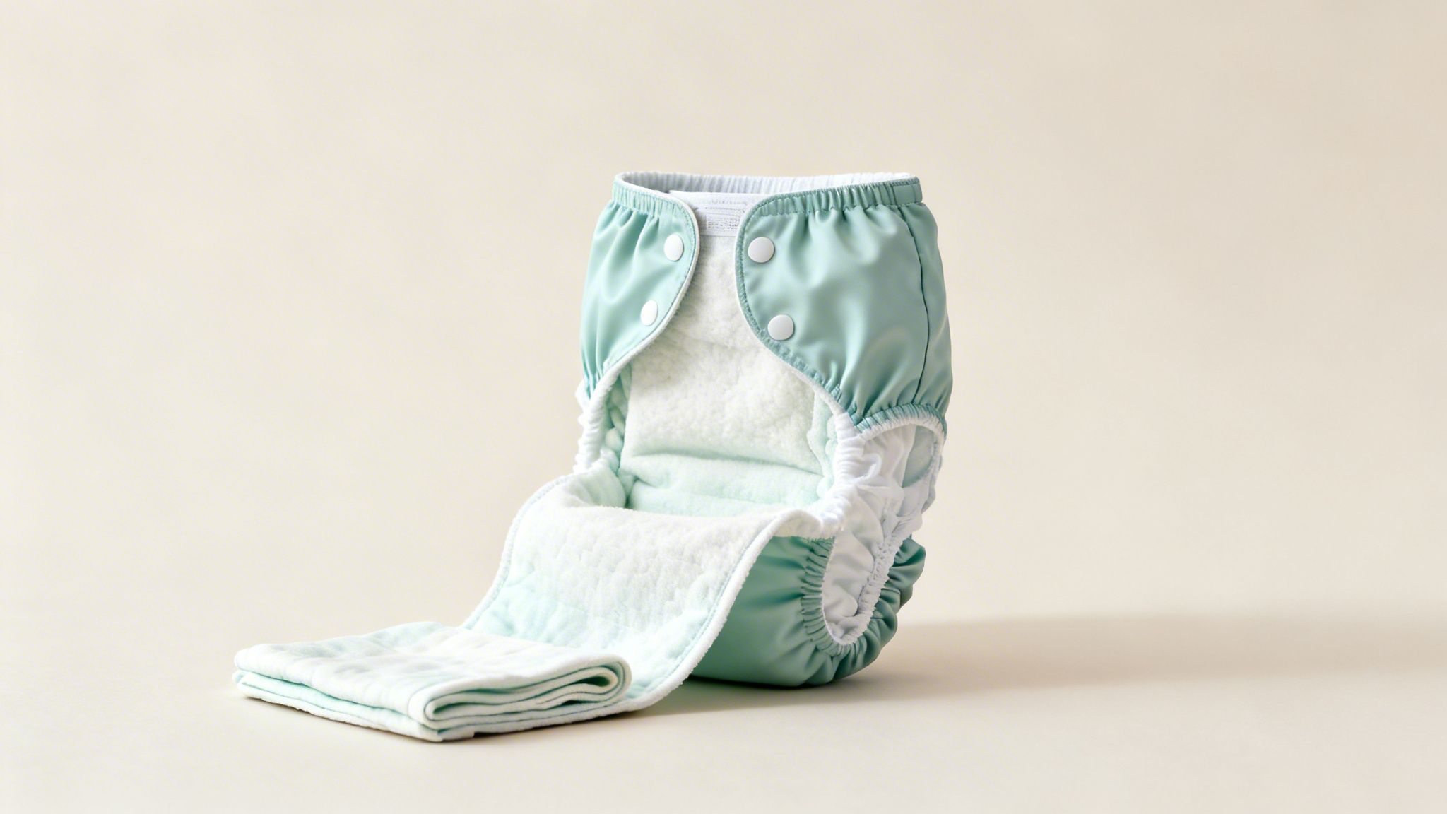 An open light green cloth diaper with white snaps and a folded absorbent insert on a light beige surface.