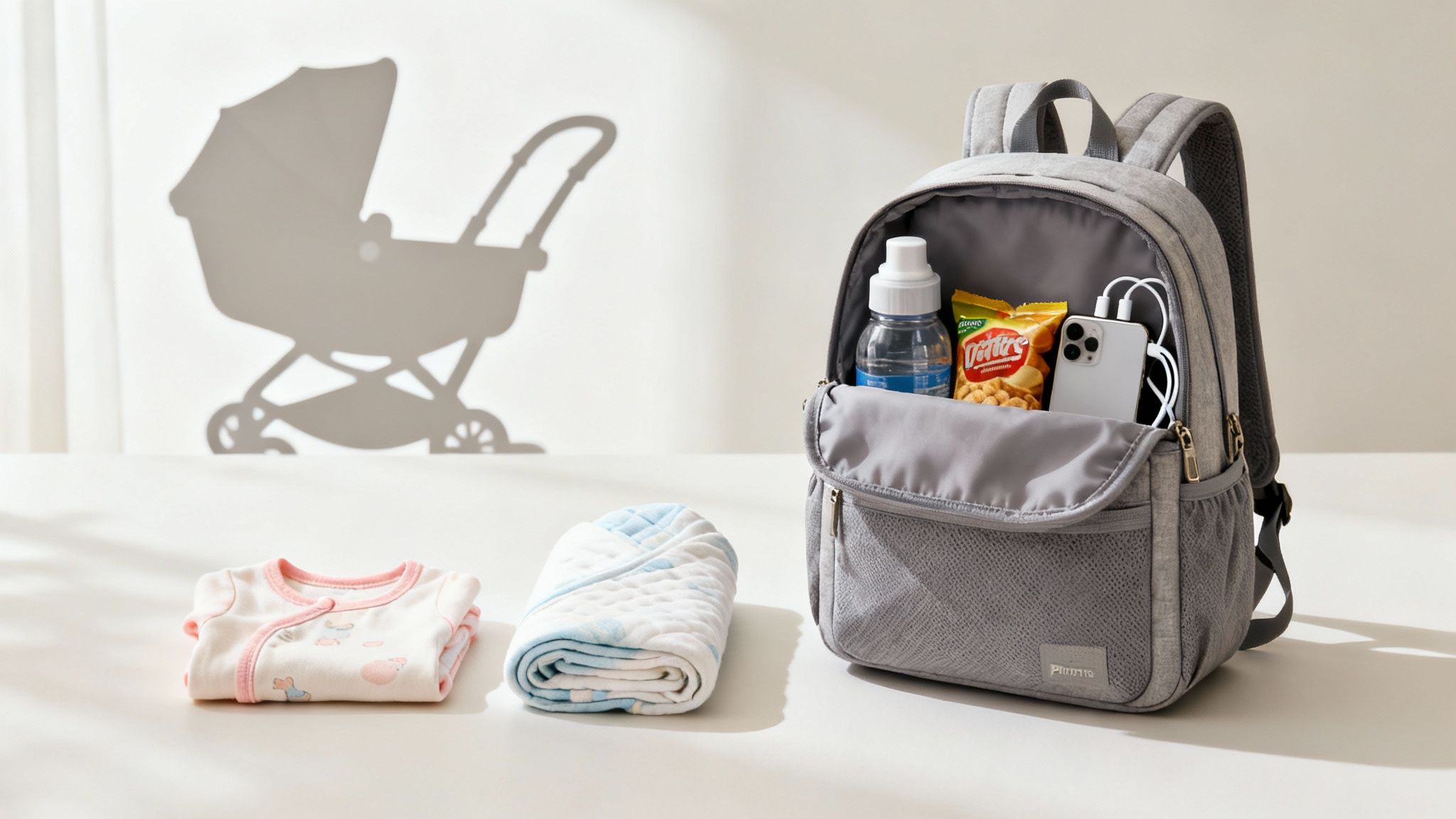 A grey backpack packed with baby clothes, snacks, water, and a phone, next to a baby blanket.