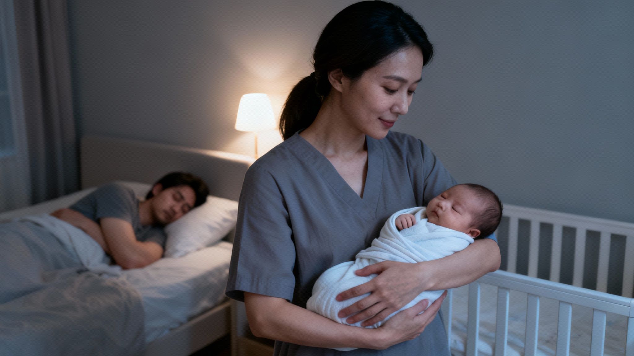 A caring mother gently holds her swaddled newborn at night, with the father sleeping in bed.