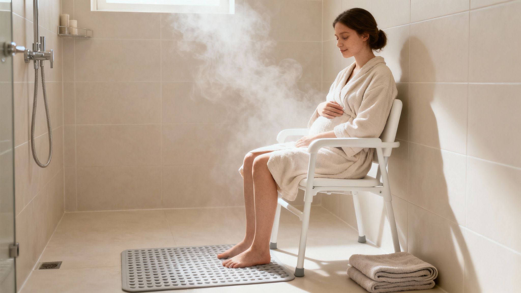 A pregnant woman in a bathrobe sits peacefully on a shower chair amidst steam.