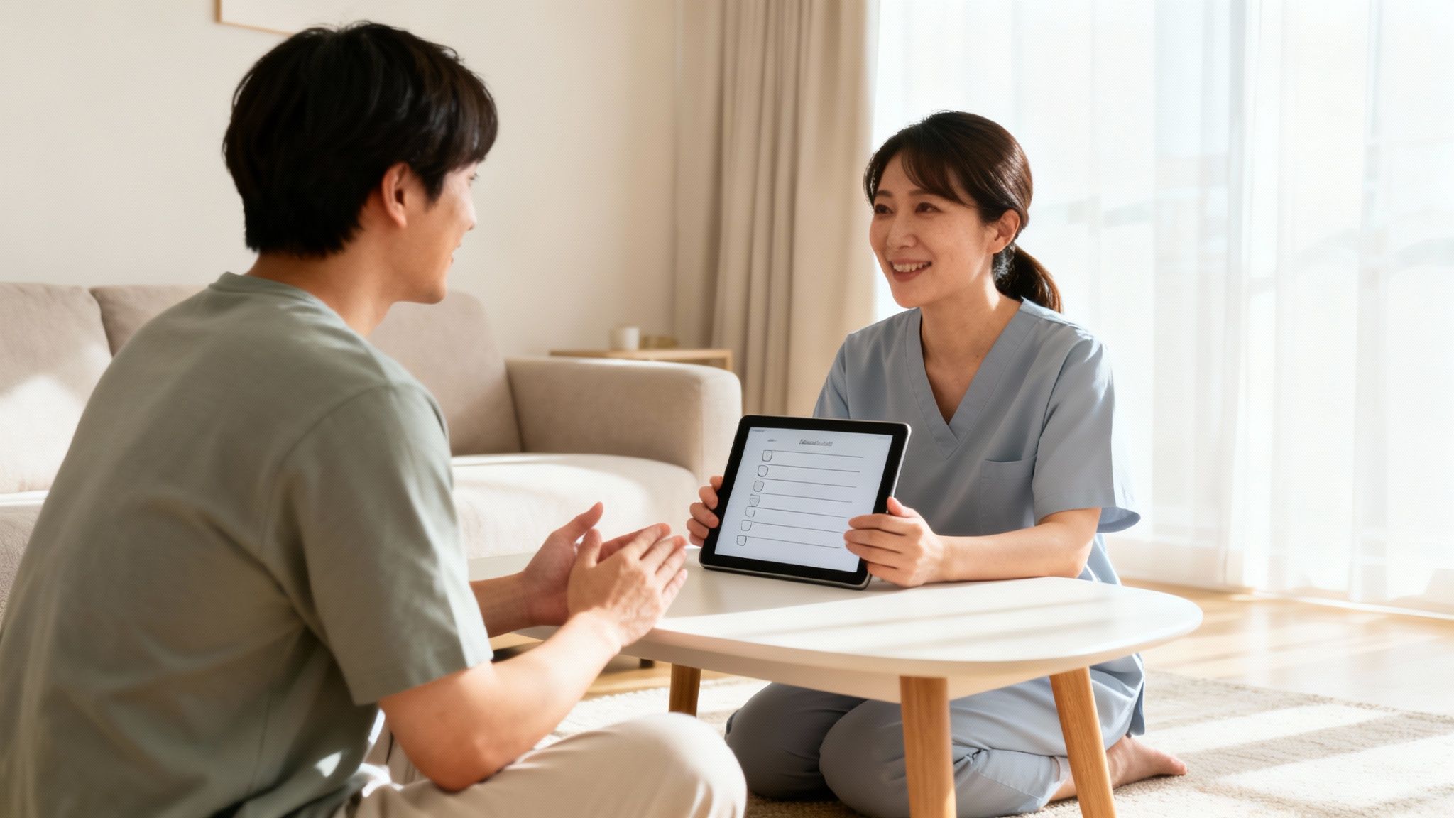 A smiling doula in scrubs shows a tablet with a checklist to a man during a home consultation.