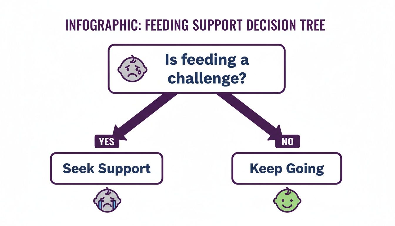 Decision tree infographic asking if infant feeding is a challenge, suggesting seeking support if yes, and keeping going if no.