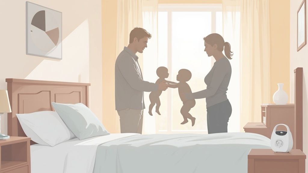 Illustration of parents lovingly holding two babies in a sunlit, comfortable bedroom.