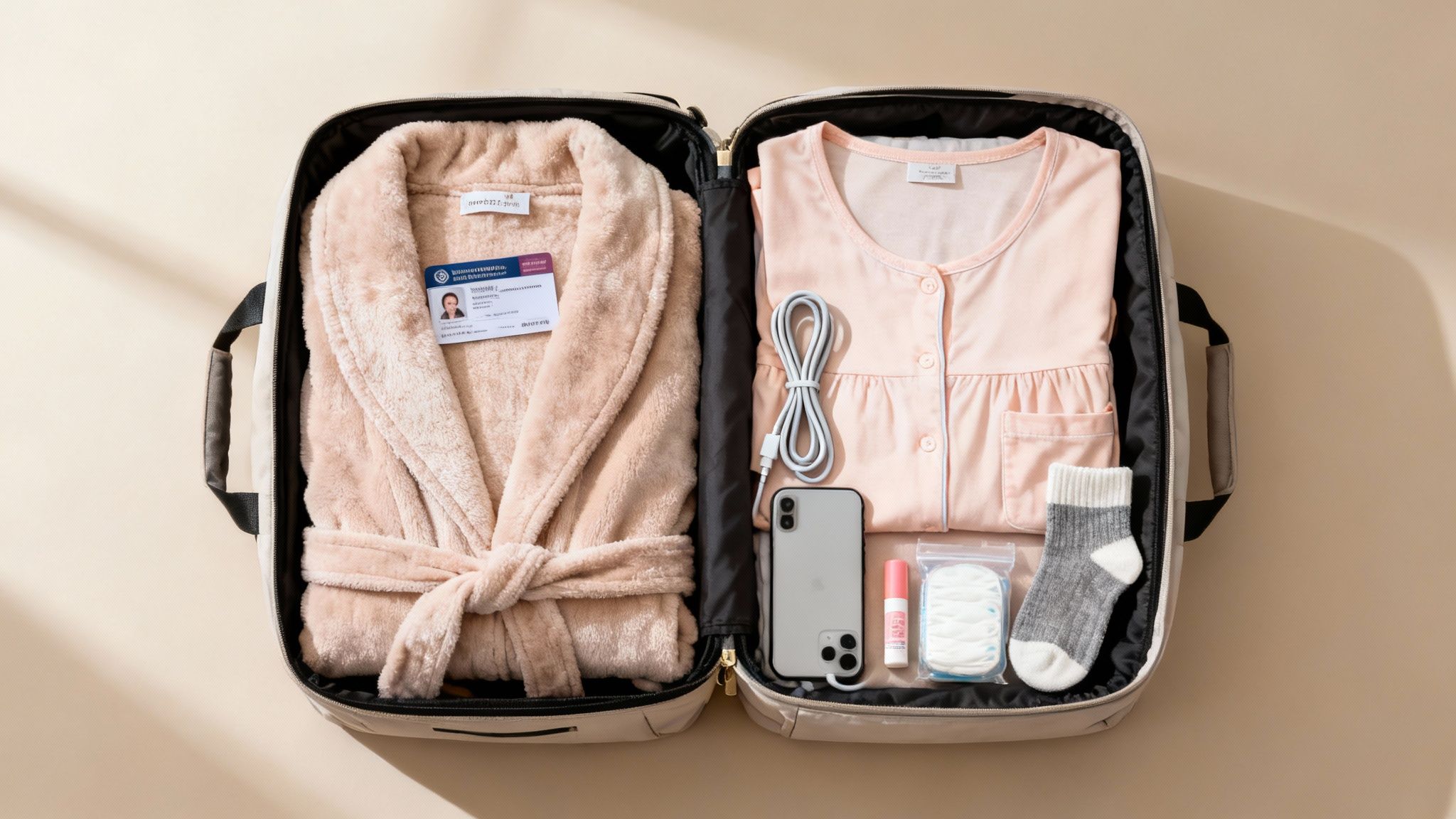 An open hospital bag packed with a pink robe, pajamas, phone, charger, toiletries, and socks on a beige surface.