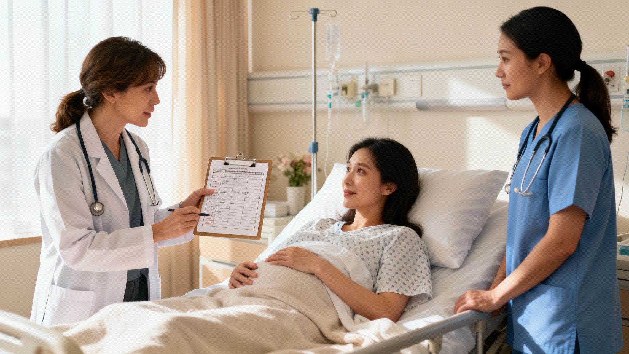 A doctor explains medical information to a pregnant patient in a hospital bed, with a nurse standing by.