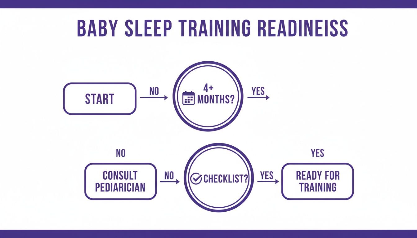 Flowchart illustrating baby sleep training readiness, checking age and a checklist, guiding to consultation or training.