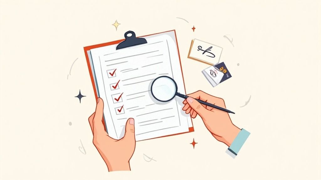 A new mother smiling while reviewing a tablet, possibly looking at night nurse profiles.