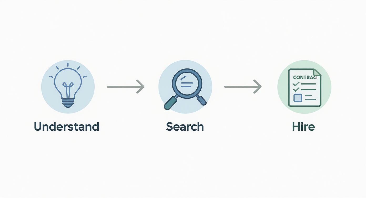 Three-step hiring process workflow showing lightbulb idea, magnifying glass search, and contract document icons