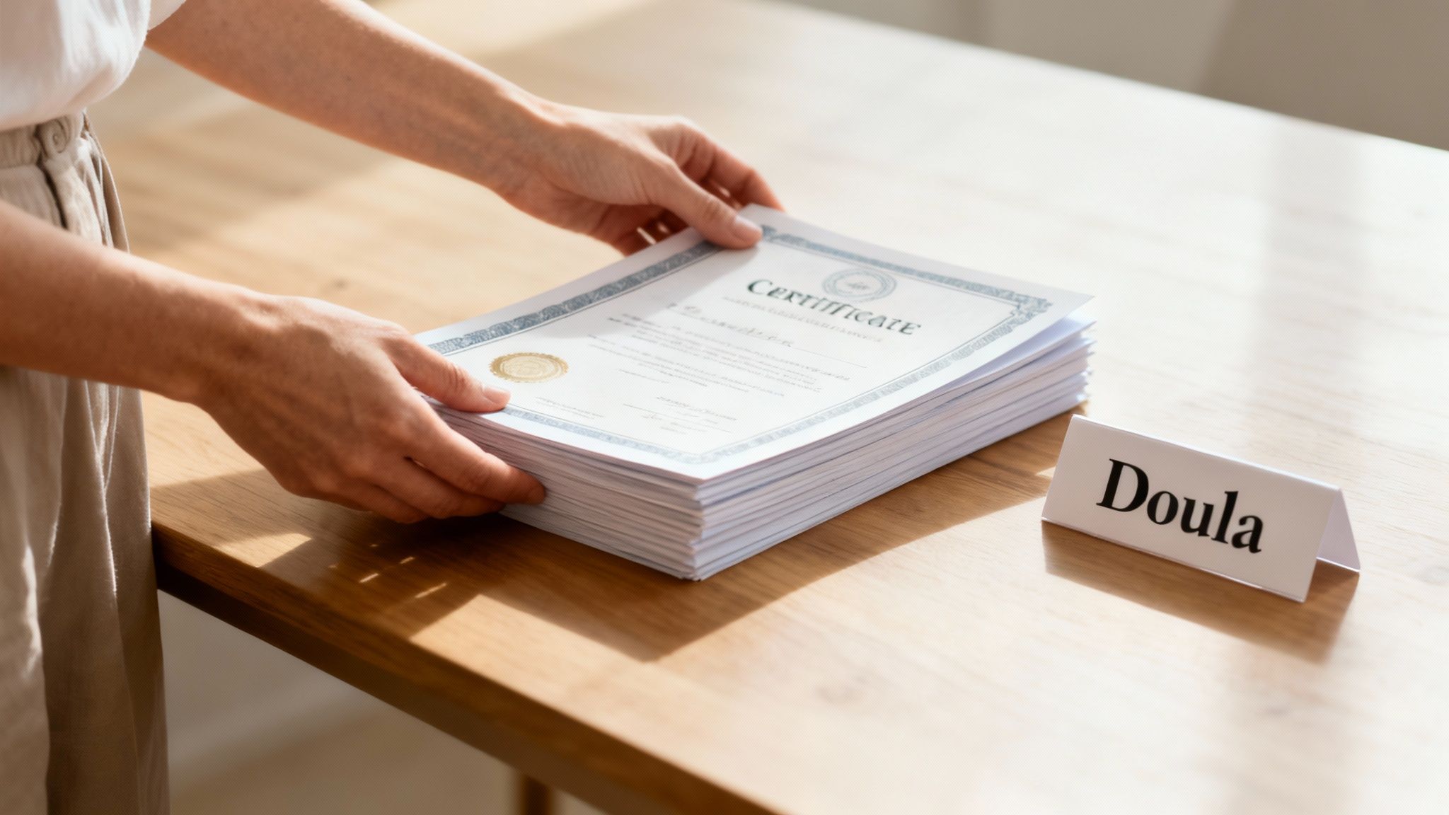 A person's hands place a stack of doula training certificates on a wooden table.
