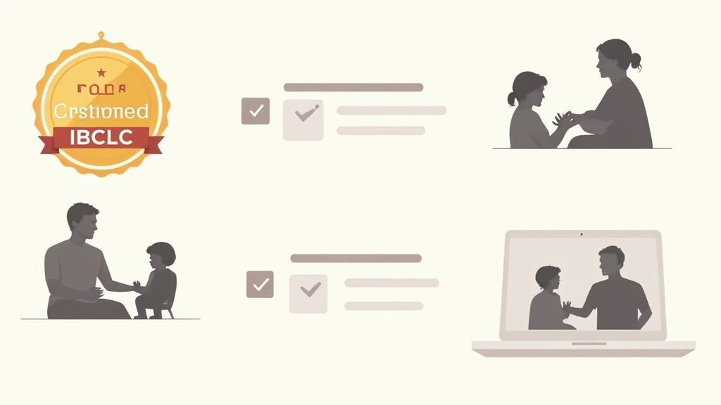 IBCLC certification badge, checklists, and illustrations of lactation consultants helping parents and children in-person and virtually.