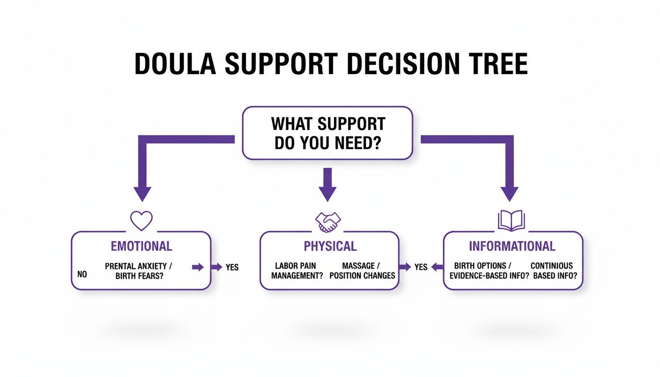 A flowchart titled 'Doula Support Decision Tree' illustrating emotional, physical, and informational support needs.