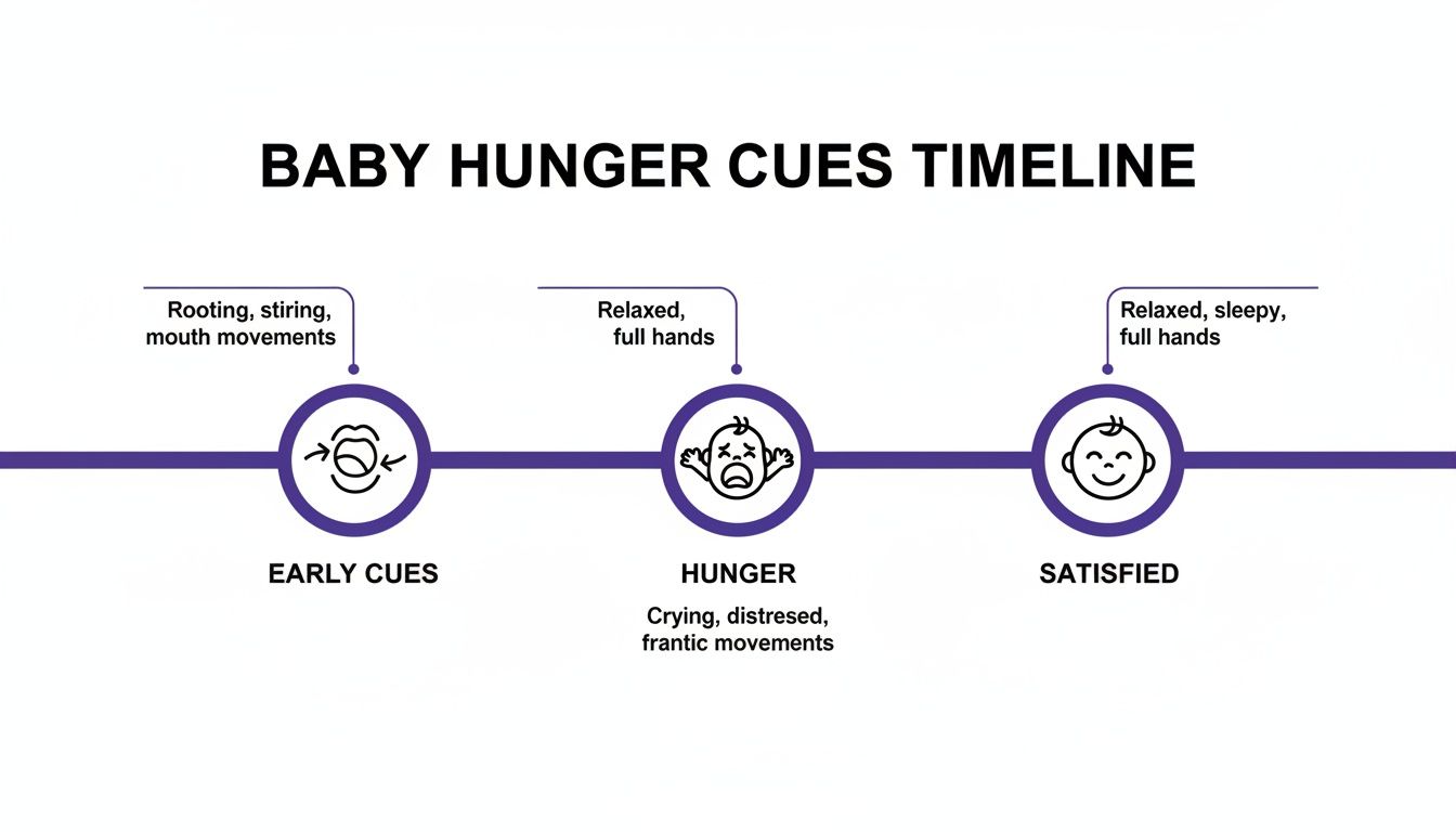 A timeline graphic illustrates baby hunger cues from early signs like mouth movements to crying and satisfied states.