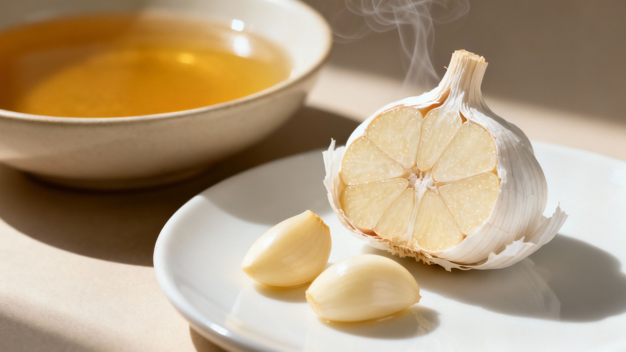 A warm, half-cut garlic bulb and two cloves on a white plate with a bowl of broth.