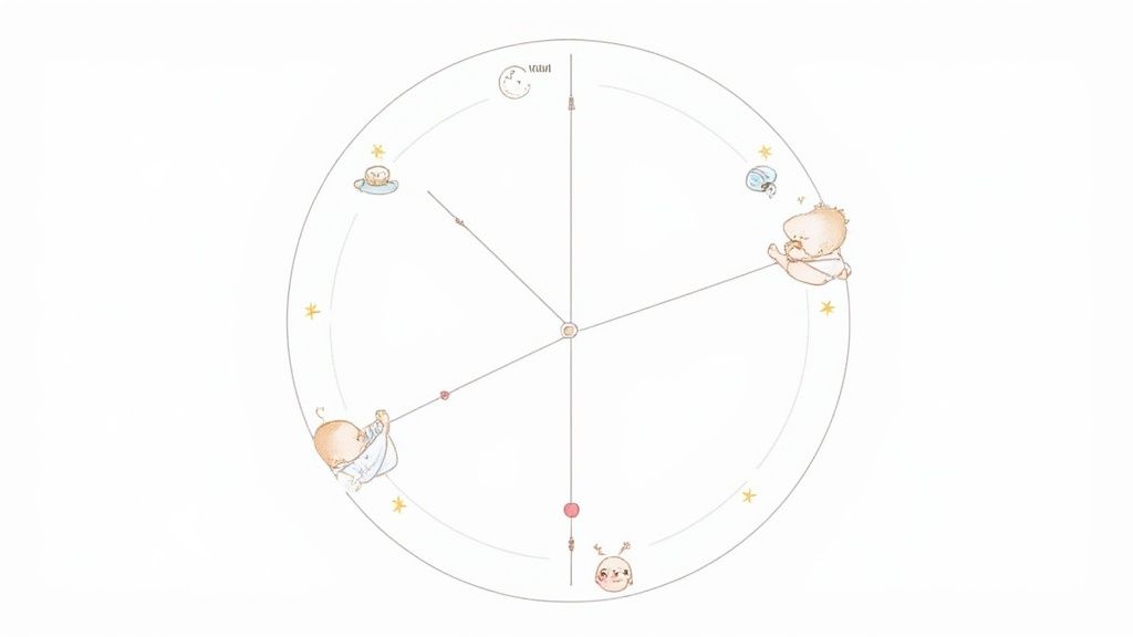Cute baby activity schedule diagram with illustrations of sleeping, playing, and feeding times.