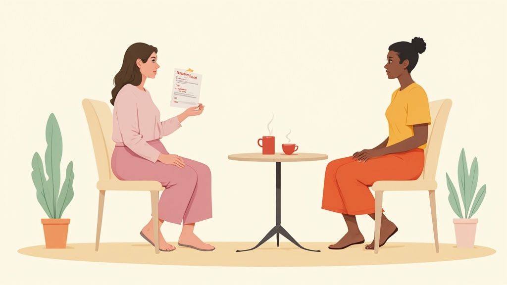 Two women having consultation meeting at table discussing pregnancy plans and doula services