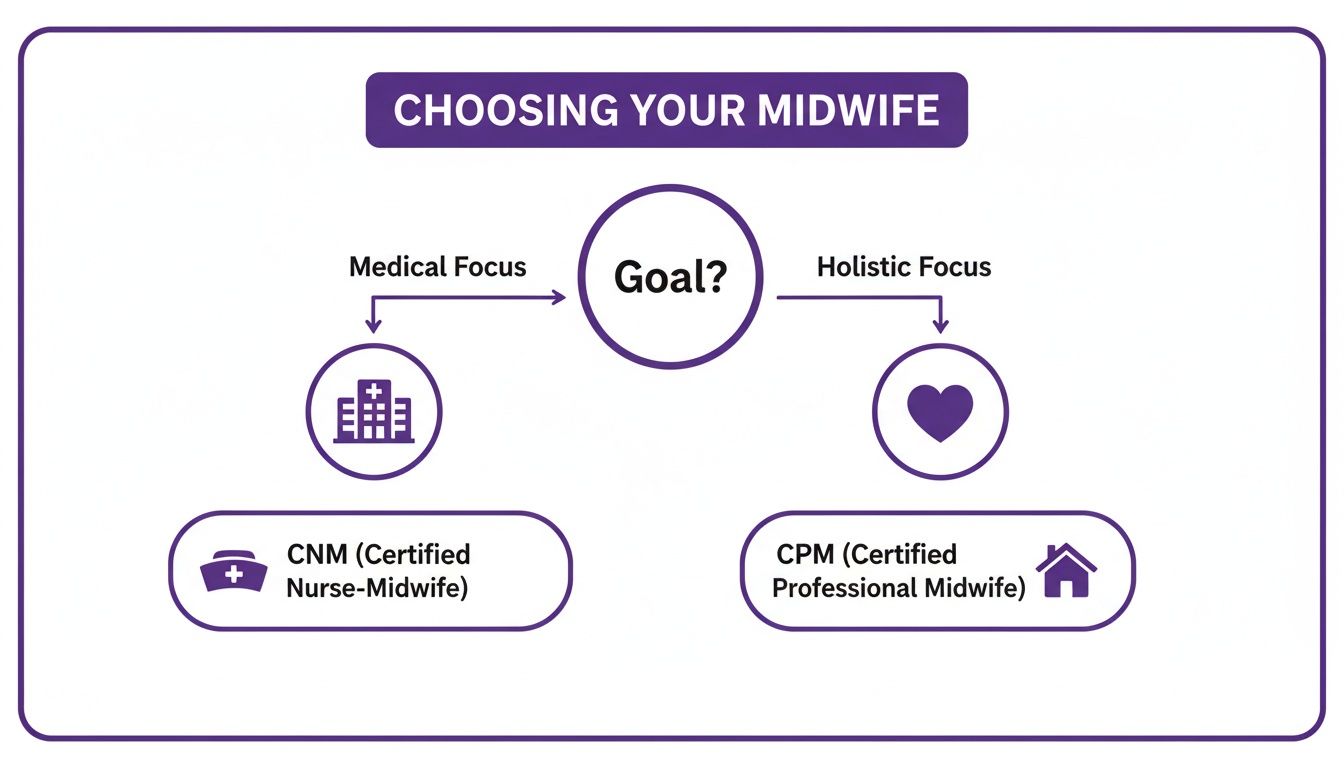 Flowchart illustrating how to choose a midwife based on medical versus holistic focus, detailing CNM and CPM options.
