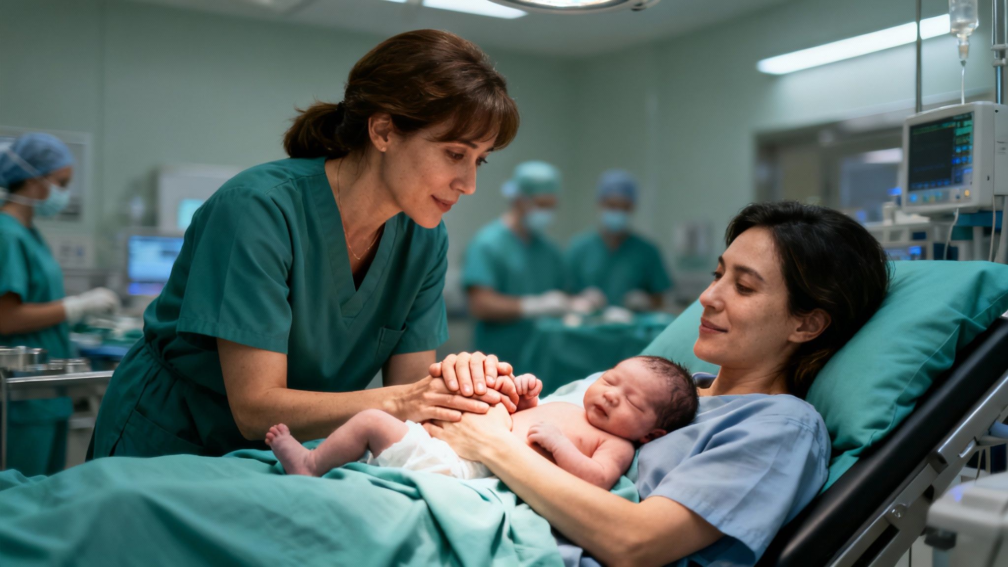 A professional in green scrubs assists a mother bonding with her newborn baby in a hospital.