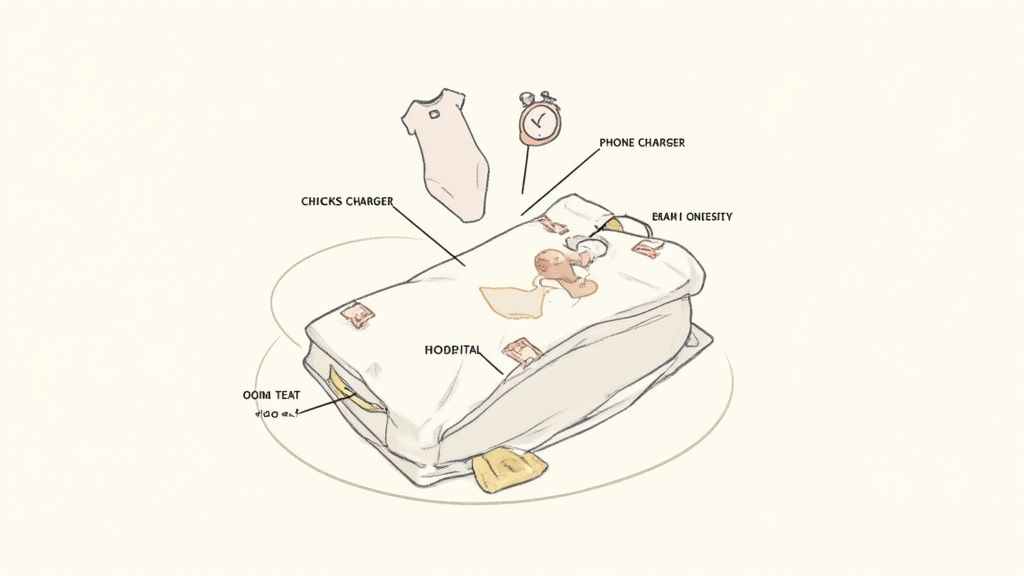 A neatly packed hospital bag sitting next to a car seat