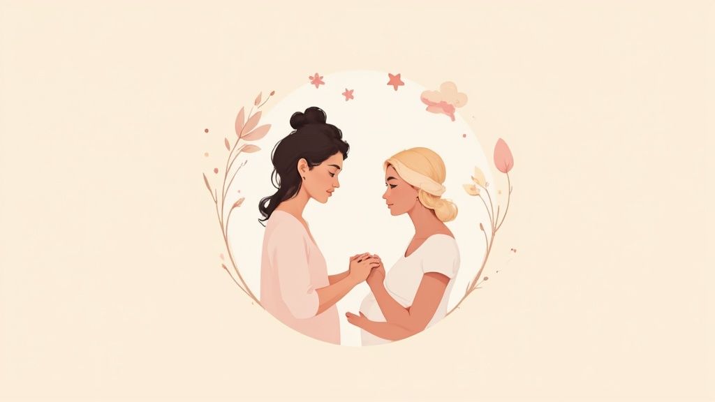 Two women holding hands in supportive embrace surrounded by gentle floral wreath illustration