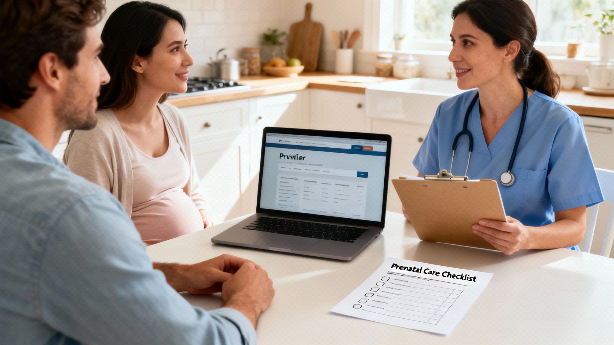 A midwife consults with a pregnant couple in their bright kitchen, discussing prenatal care with a laptop and checklist.