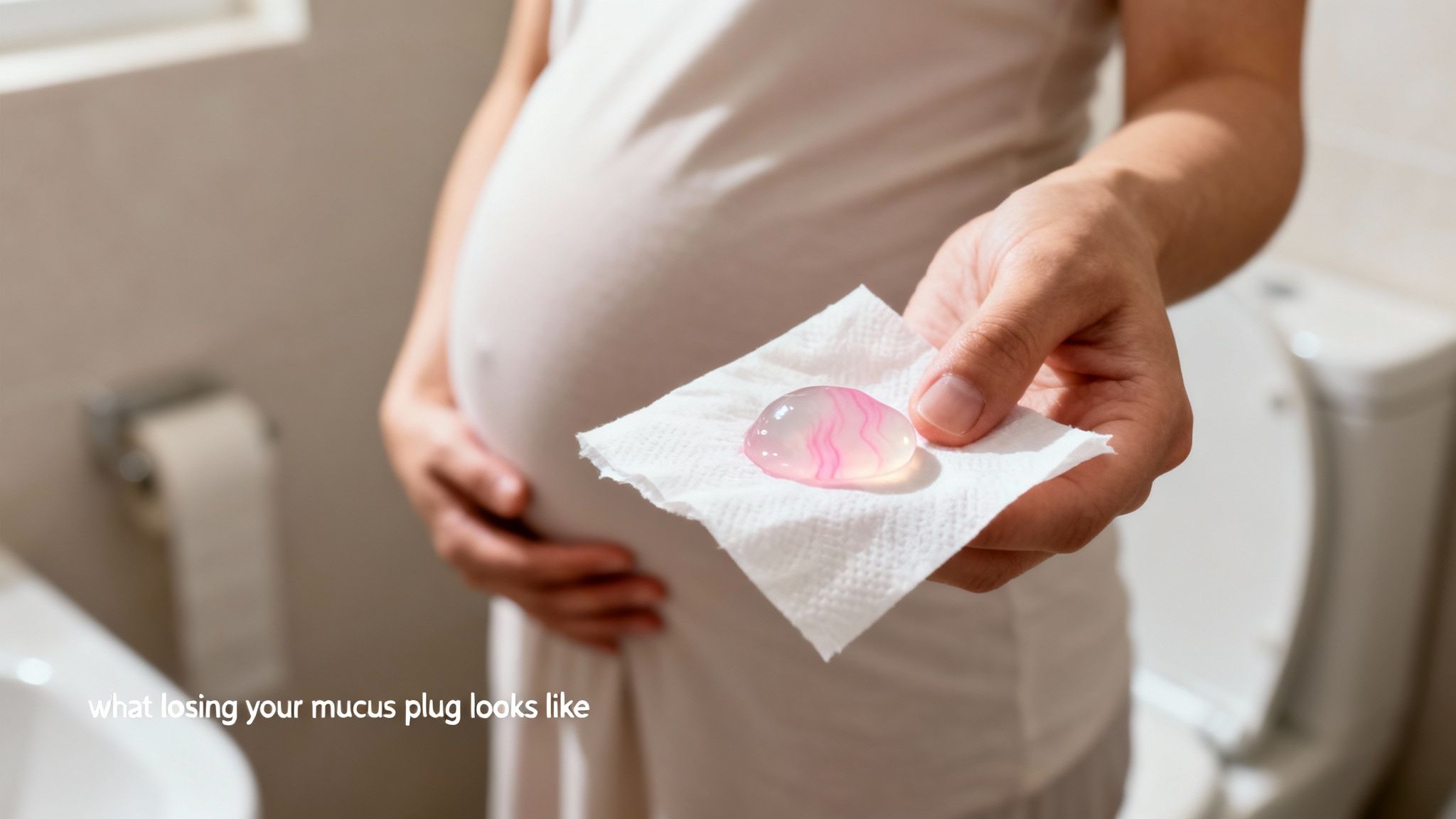 A pregnant person in a bathroom holds a tissue with a clear, pinkish blob, depicting a mucus plug.