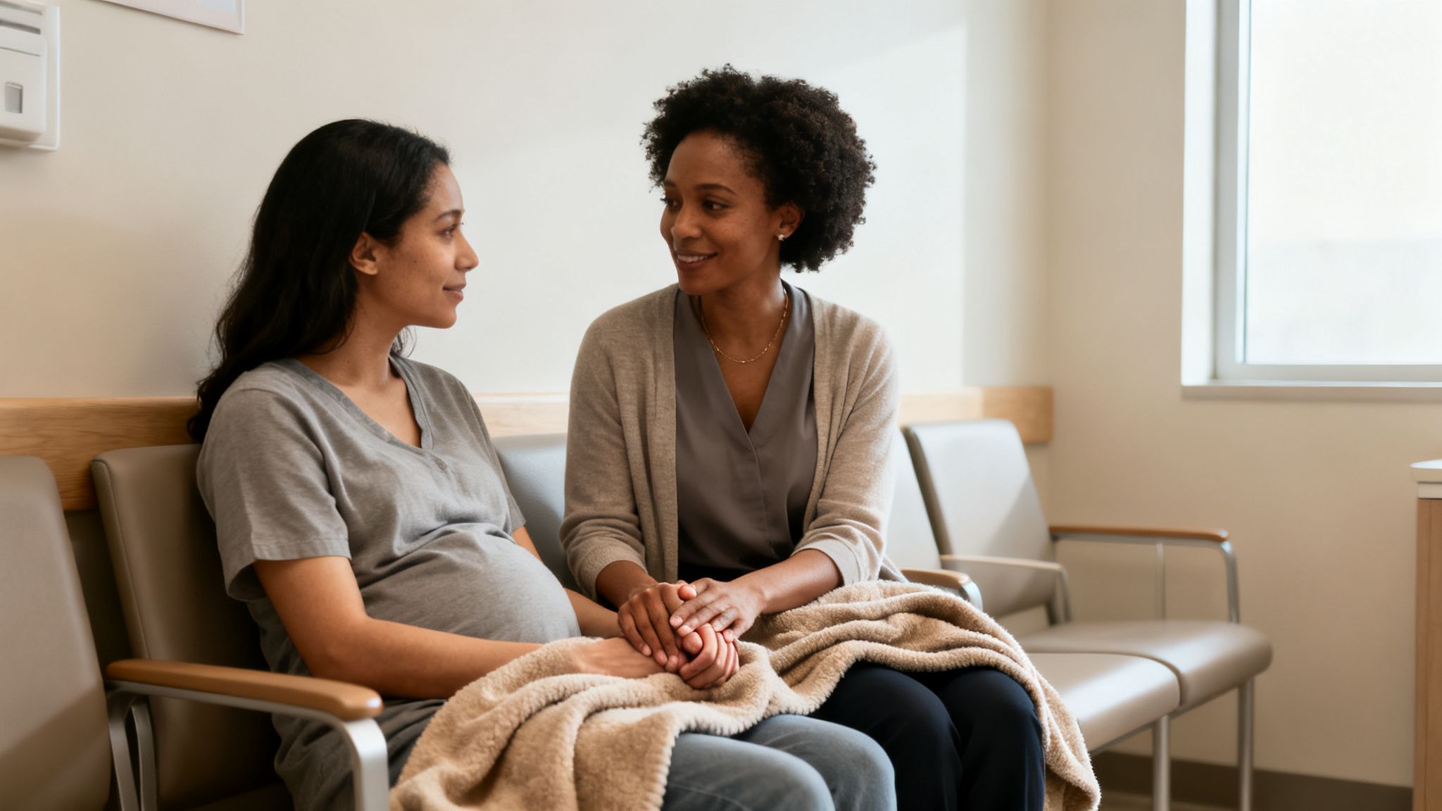 A compassionate doula holds the hand of a pregnant woman in a clinic waiting room.