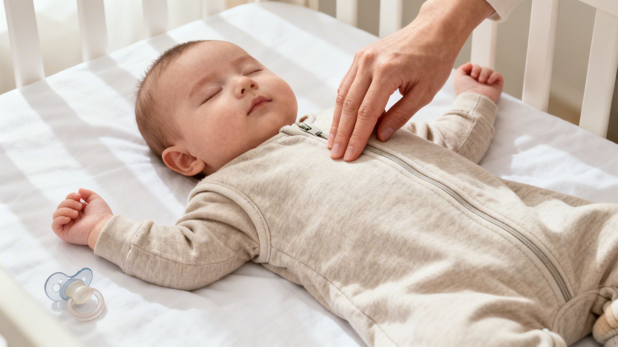 An adult's hand gently rests on a baby sleeping peacefully in a white crib, illustrating safe sleep.