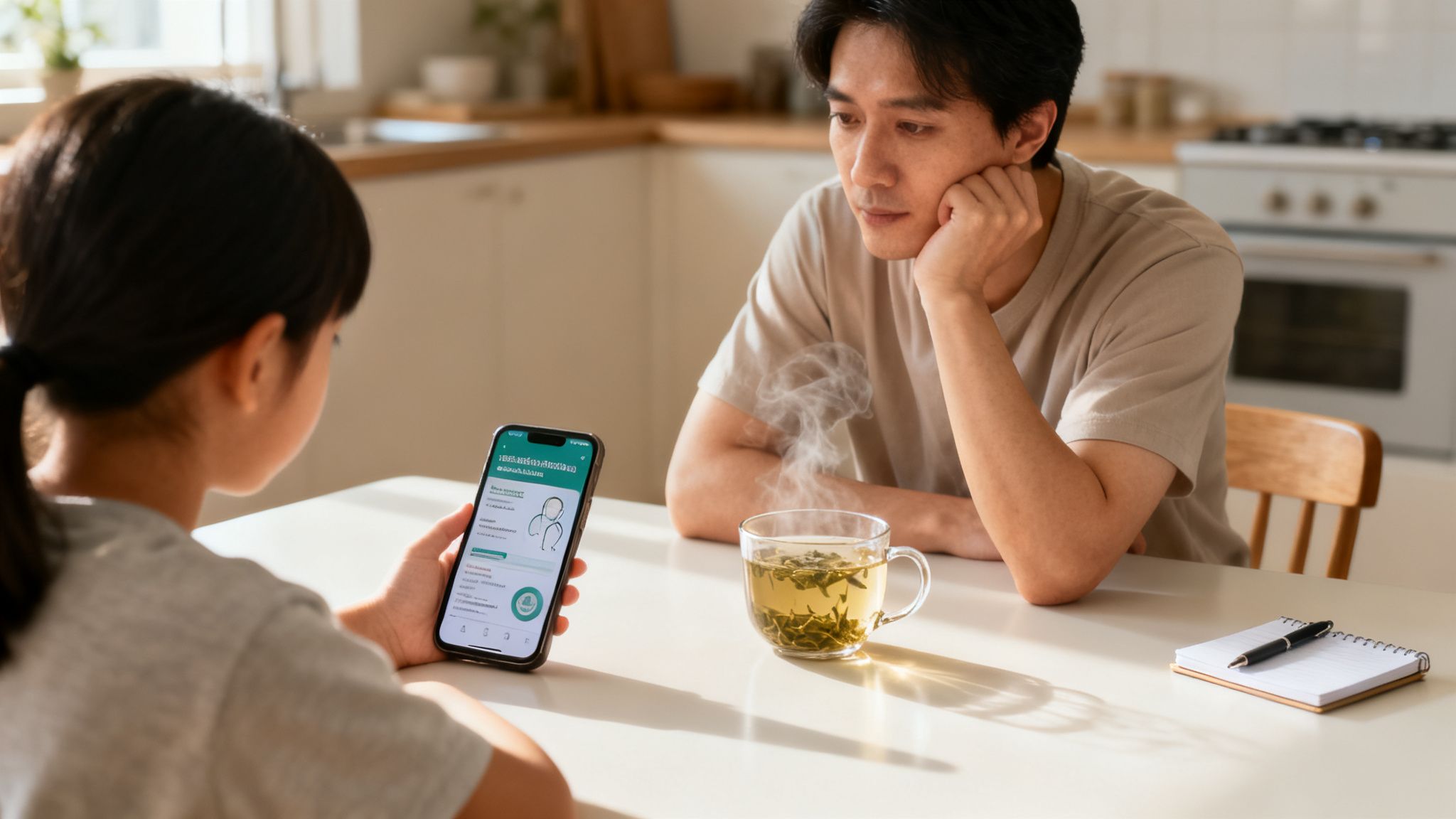 A thoughtful man and a young girl looking at a phone displaying a health app with steaming tea.