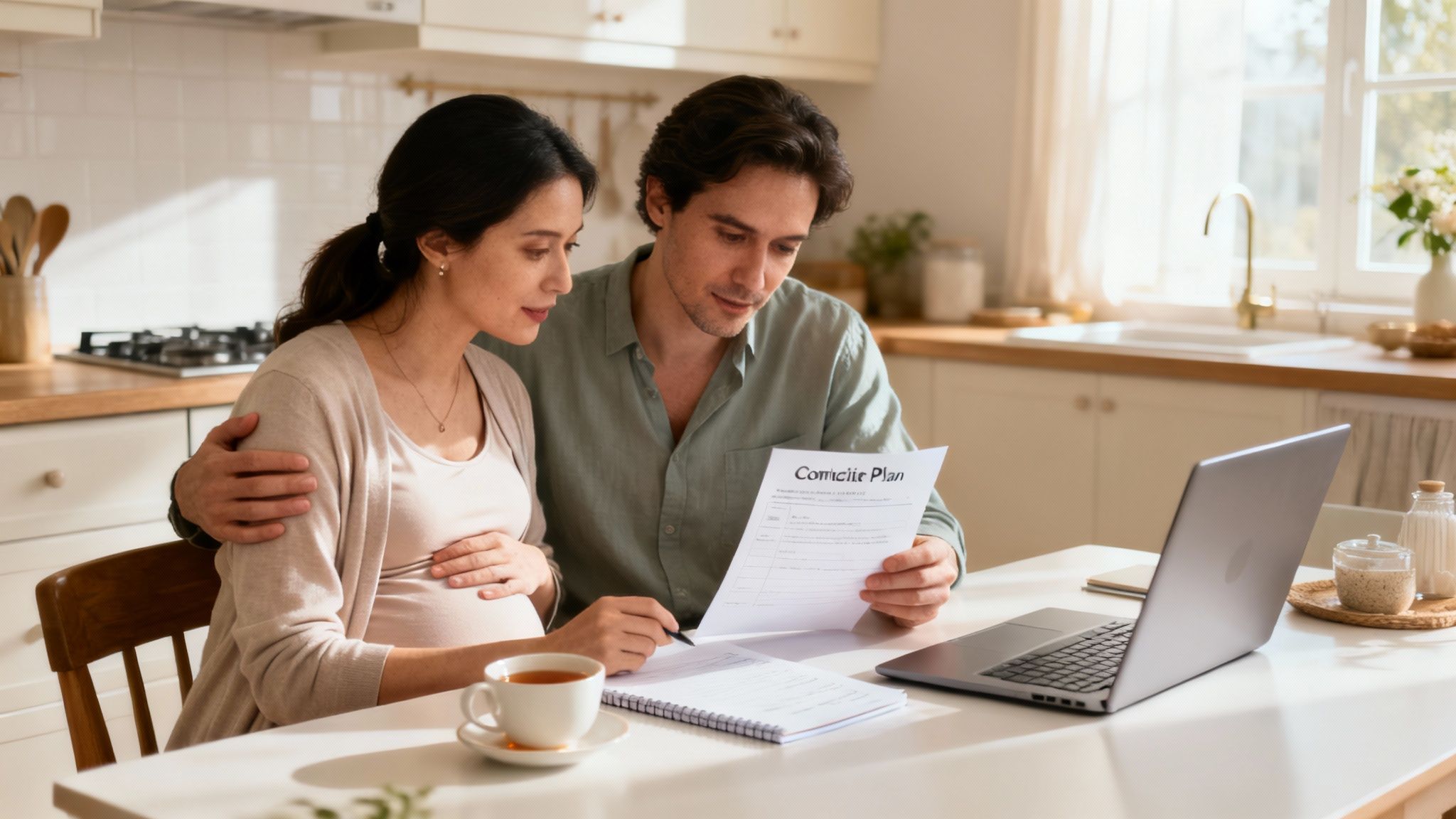 Pregnant couple reviewing a domicile plan document at their kitchen table with a laptop.