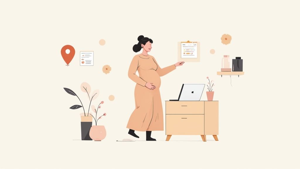 Pregnant woman pointing at chart while standing near laptop and organized workspace