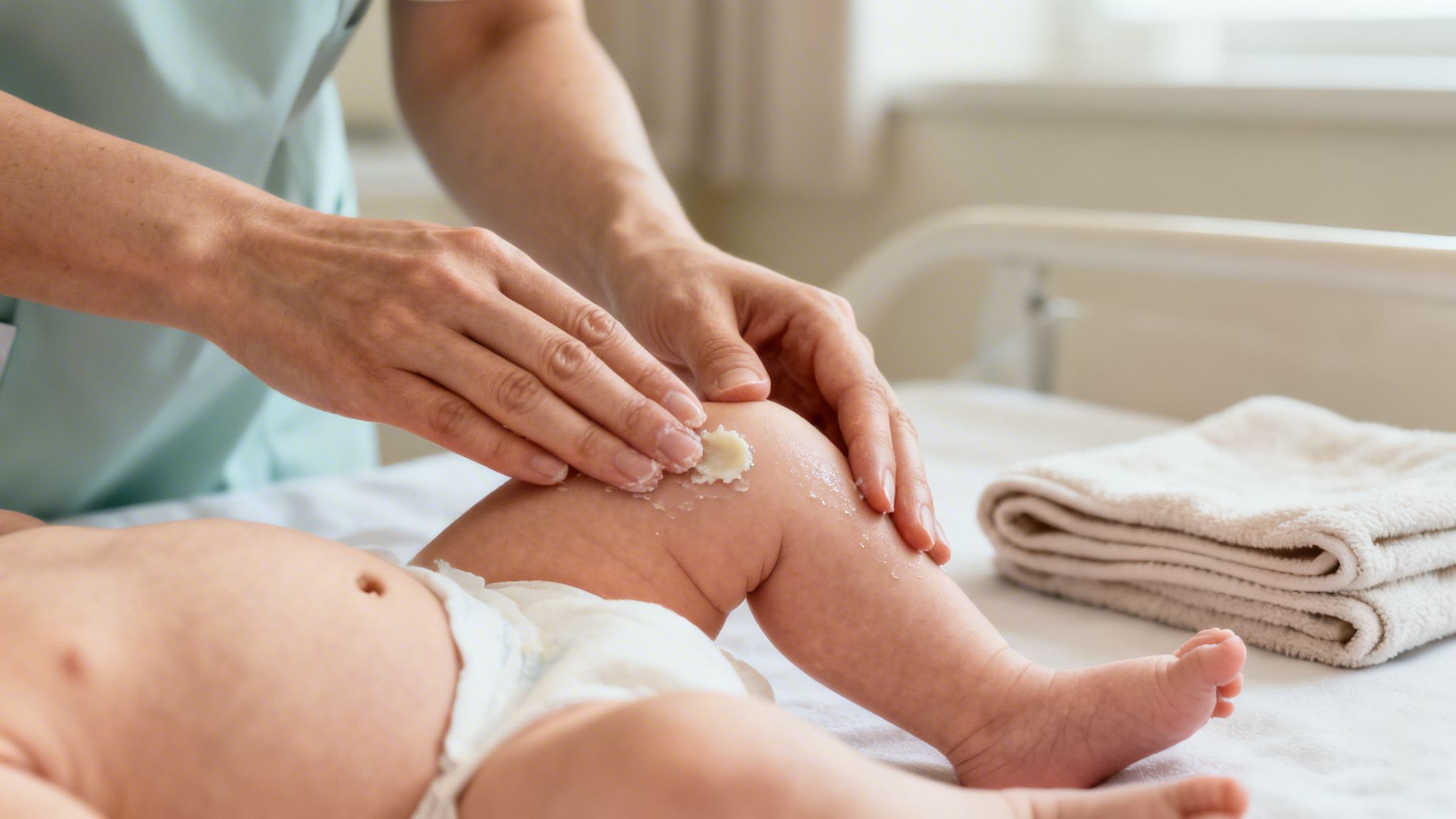 A nurse gently applies a creamy substance, possibly vernix caseosa, to a baby's leg.