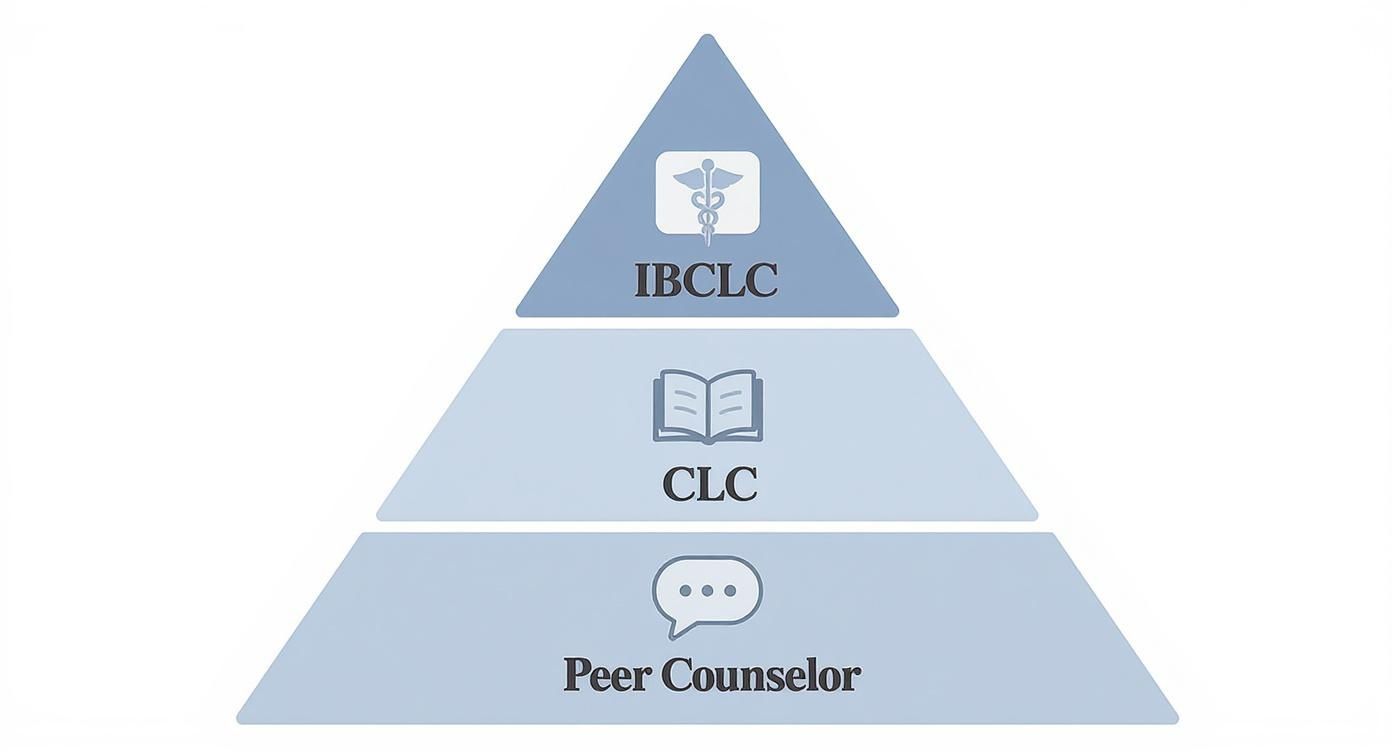A pyramid diagram illustrating three levels of lactation support: Peer Counselor, CLC, and IBCLC.