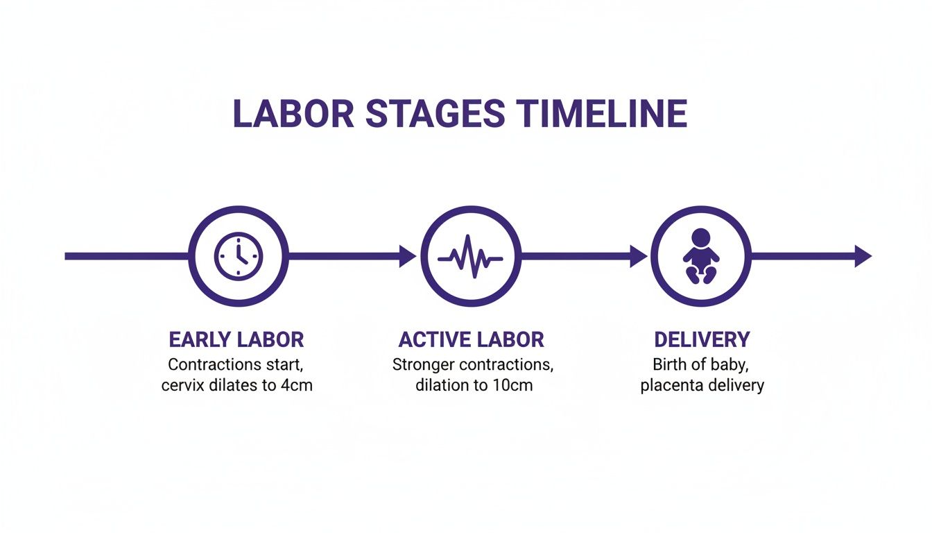 A labor stages timeline graphic showing early labor, active labor, and delivery phases with descriptions.