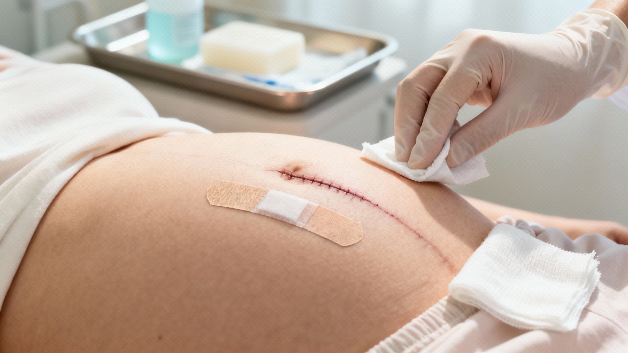 A gloved hand gently cleans a C-section incision with sutures and a bandage on an abdomen.