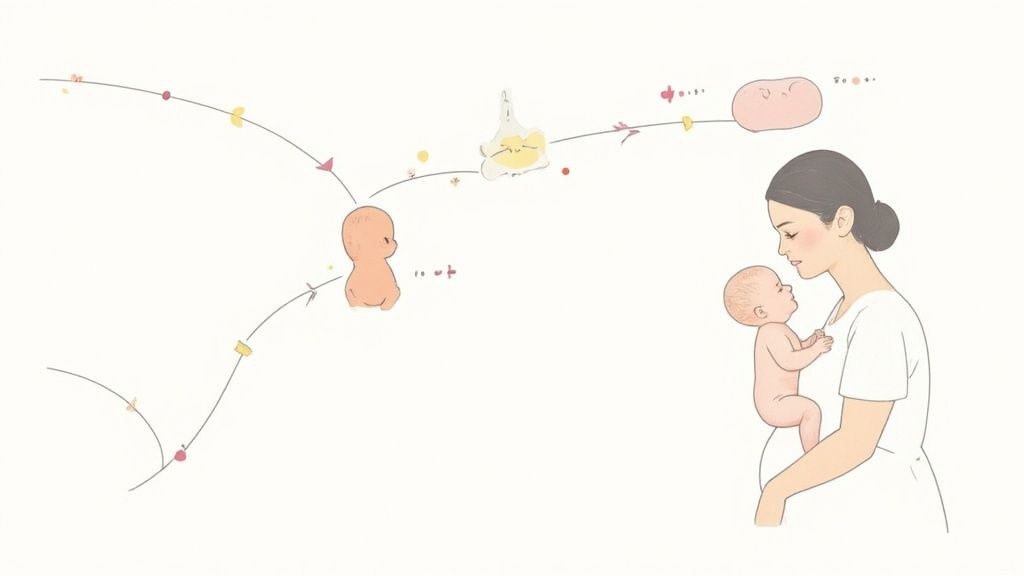 A mother breastfeeding her newborn baby, both looking calm and connected.