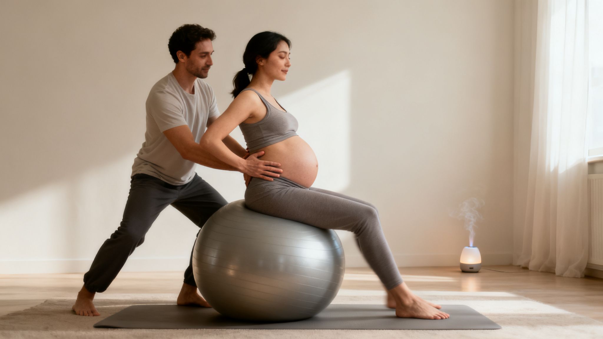 A supportive partner helps a pregnant woman practice breathing techniques on a birthing ball.