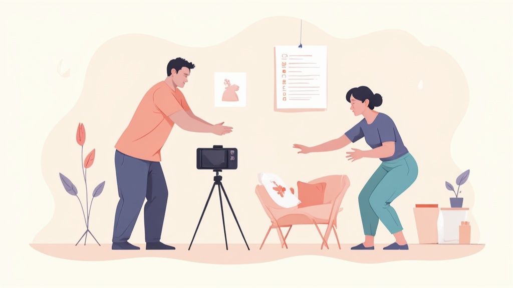 Couple recording virtual video consultation with doula using camera on tripod at home