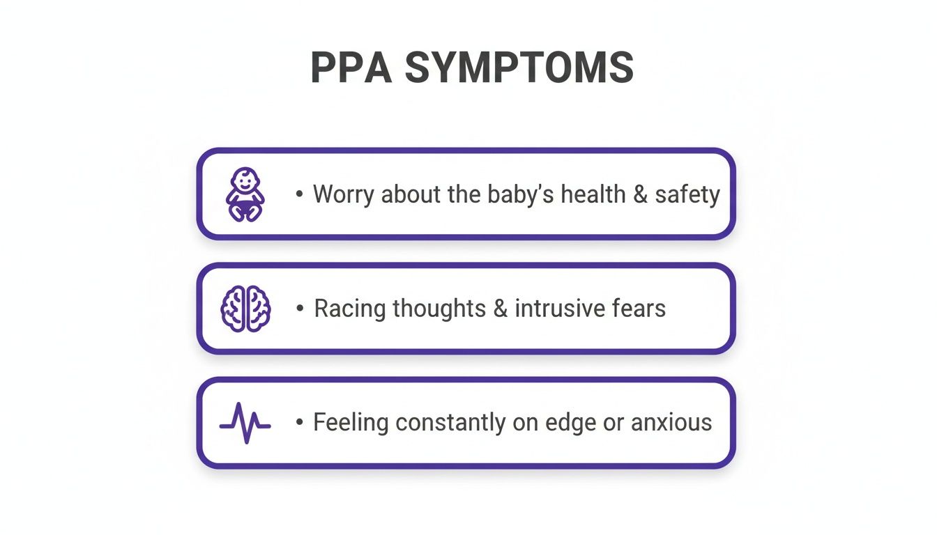 A list of PPA symptoms, including worry about baby, racing thoughts, and feeling anxious.