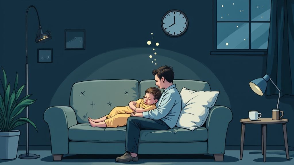A father holds his sleeping child on a couch in a dimly lit room at night.