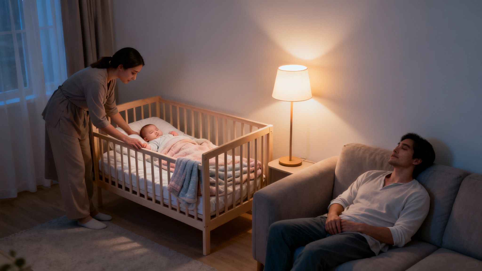 In a dimly lit room, a mother carefully tucks her baby into a crib as the father sleeps on the sofa.