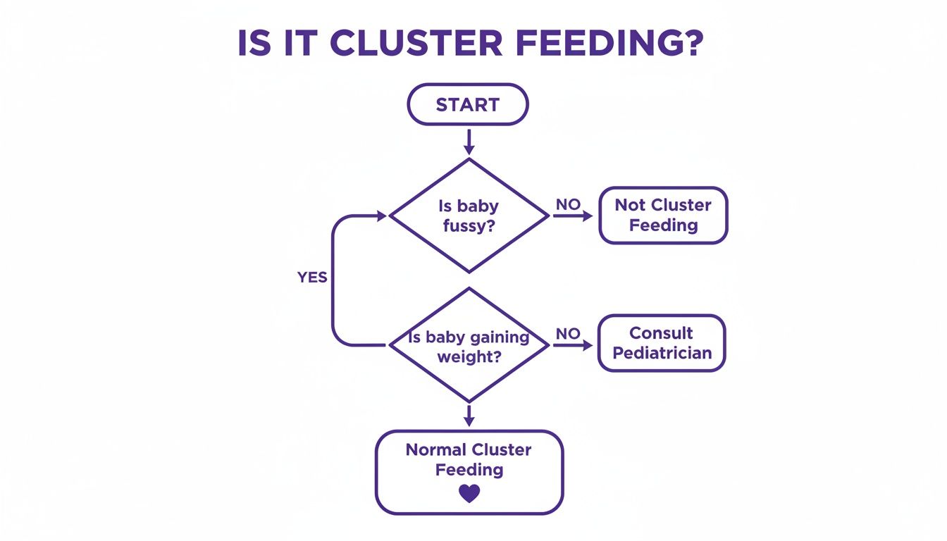 Flowchart detailing if a baby's feeding behavior is normal cluster feeding, based on fussiness and weight gain.