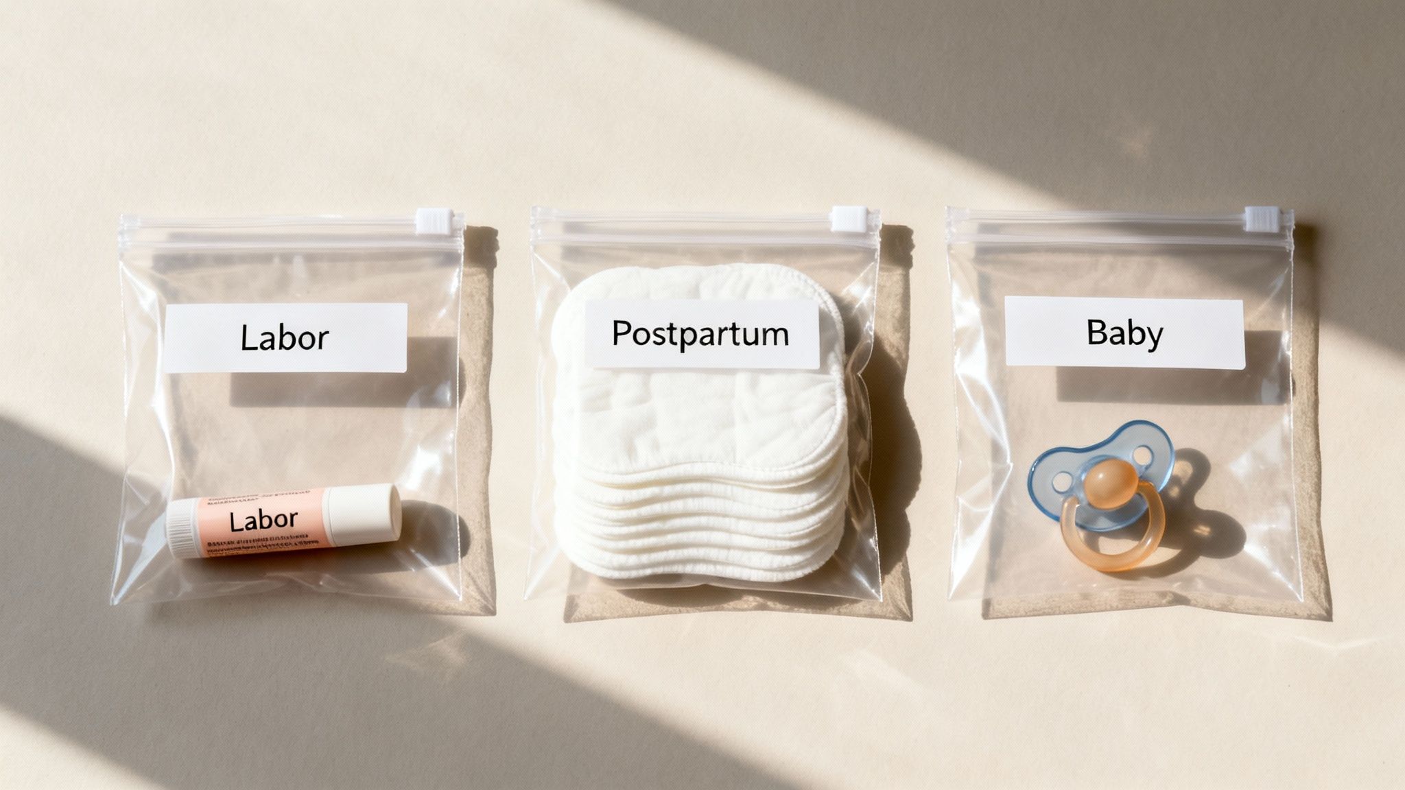 Three labeled plastic bags for labor, postpartum, and baby essentials: lip balm, pads, and pacifier.