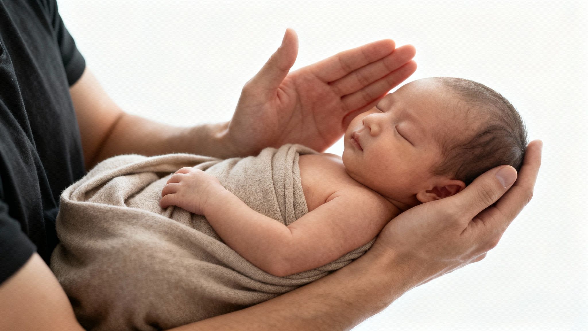 A parent gently holds their sleeping newborn baby, swaddled in a soft beige blanket.