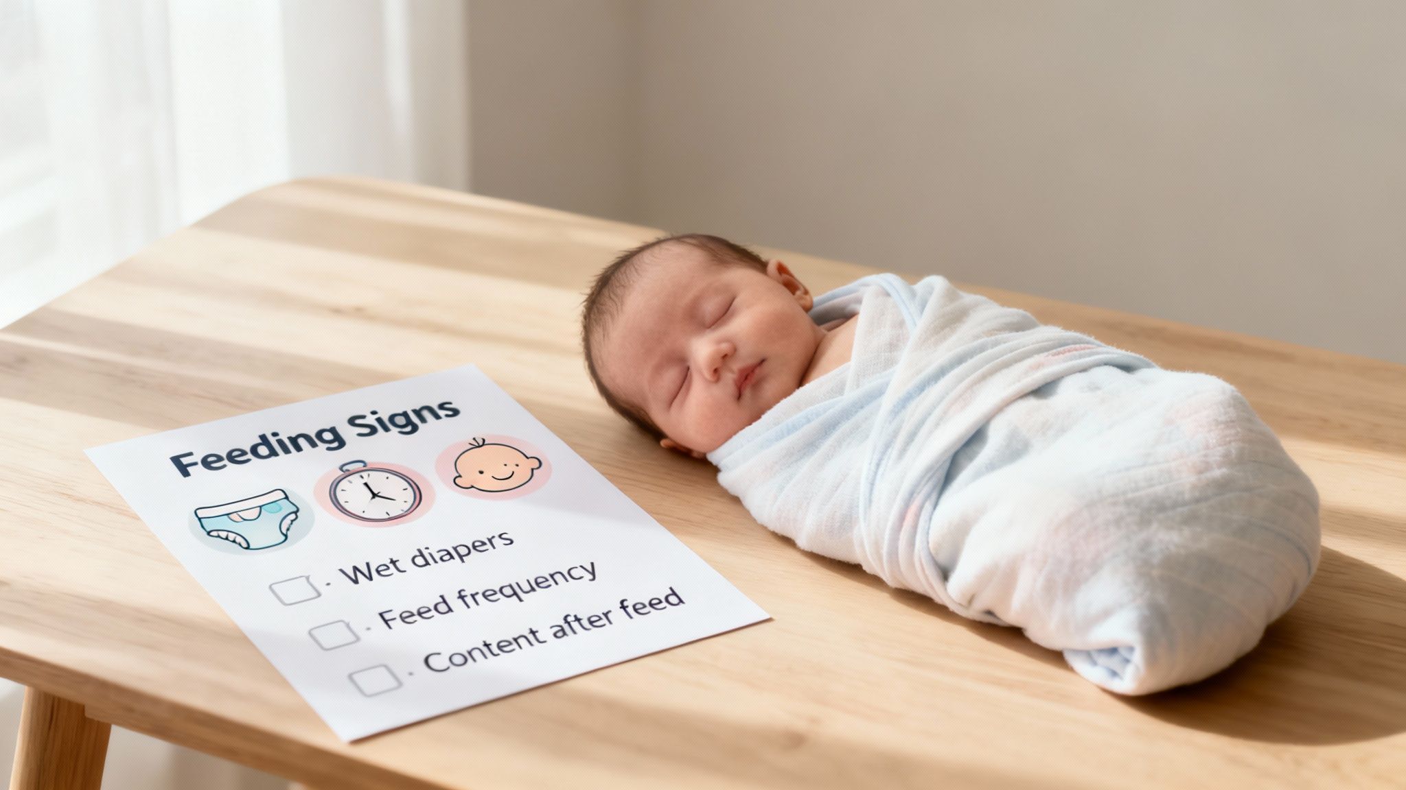 A sleeping newborn baby swaddled in blue lies next to a paper listing 'Feeding Signs' on a wooden table.