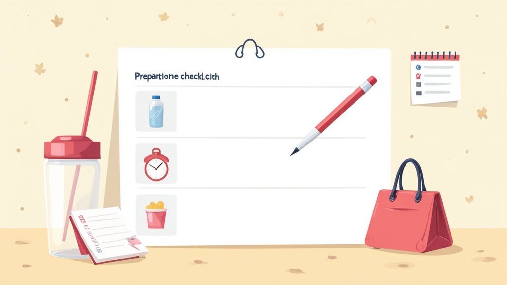 A flat lay shows a preparation checklist with a water bottle, alarm clock, and snacks, alongside a pen, bag, and calendar.