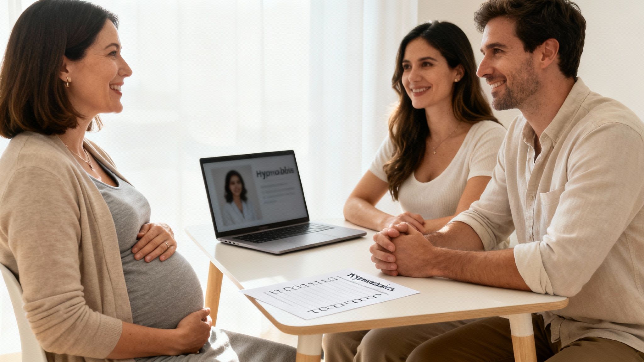 A pregnant woman smiles at a couple during a Hypnobabies session with a laptop and documents.