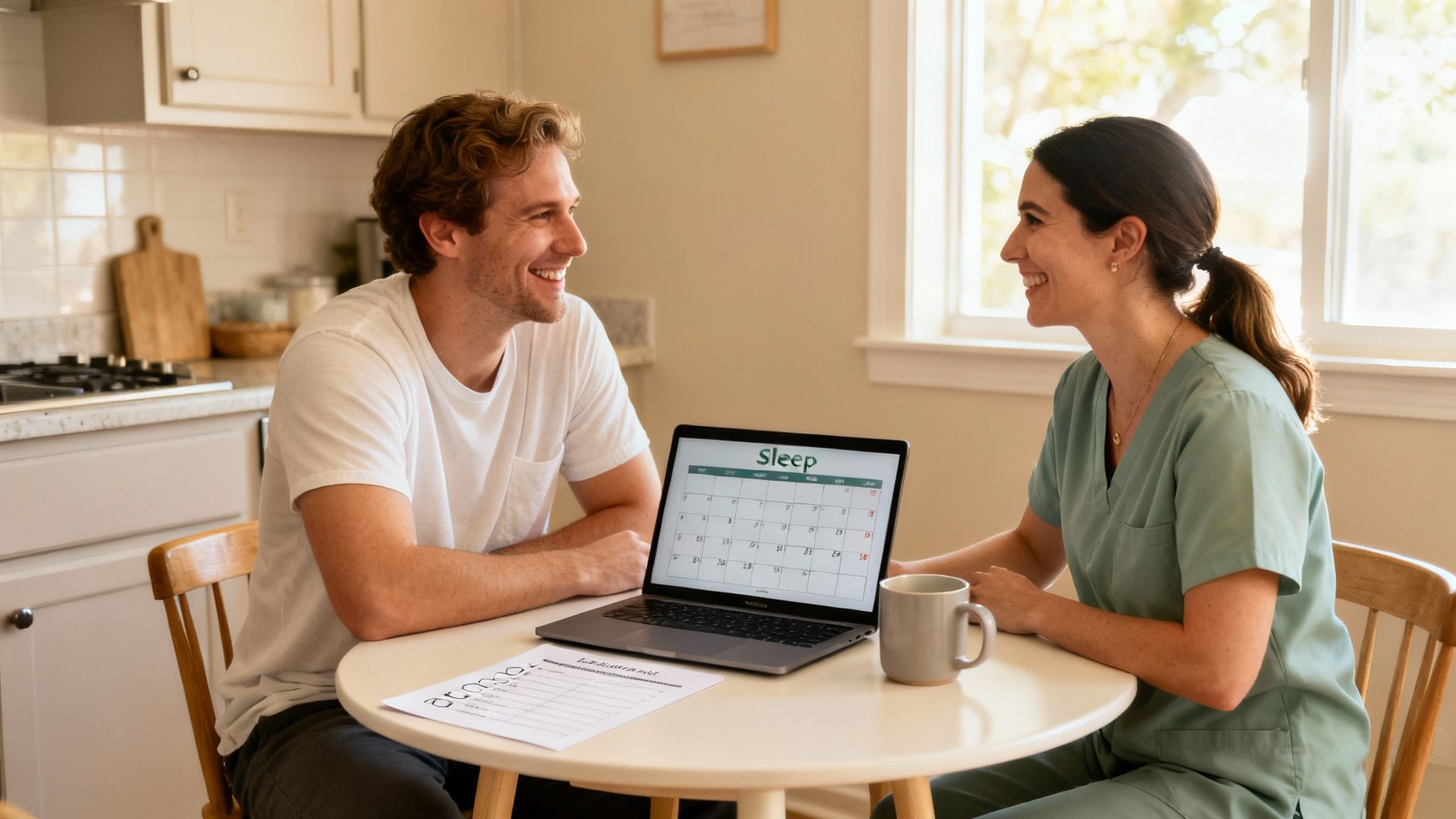 A happy man and a sleep doula review a sleep tracker on a laptop in a kitchen.