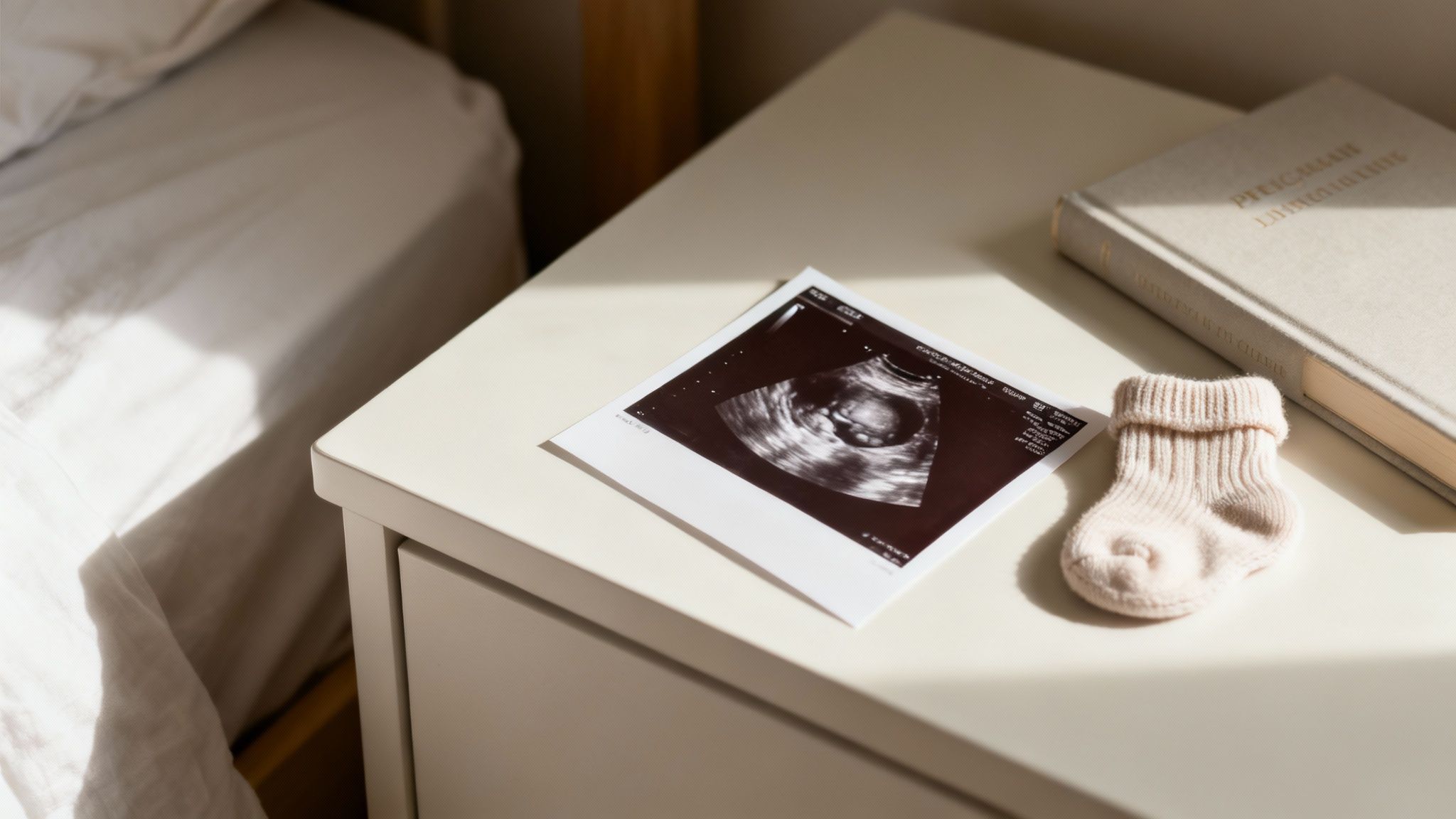 An ultrasound scan, a tiny baby sock, and a book rest on a bedside table in sunlight.